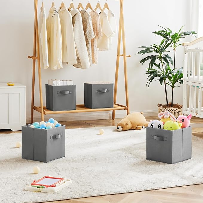 MAX Houser 6 Pack Foldable Fabric Storage Bins with Handles - Ideal for Closet Organization, Bedroom and Nursery (Grey, 10.5"x10.5"x11")