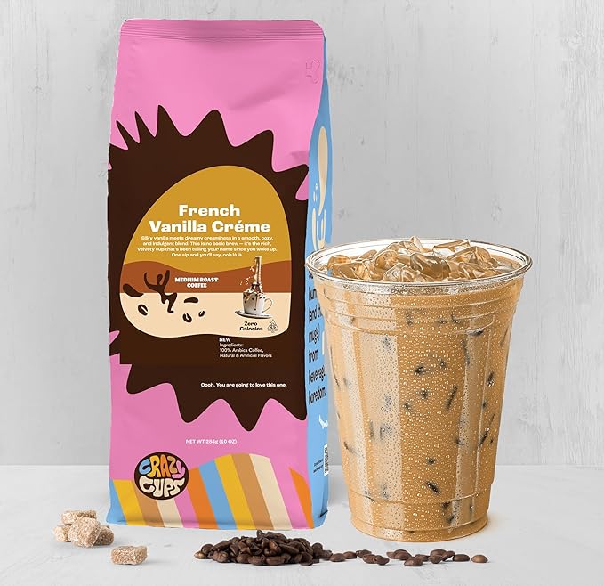 Crazy Cups Flavored Ground Coffee, French Vanilla Creme, in 10 oz Bag, For Brewing Flavored Hot or Iced Coffee