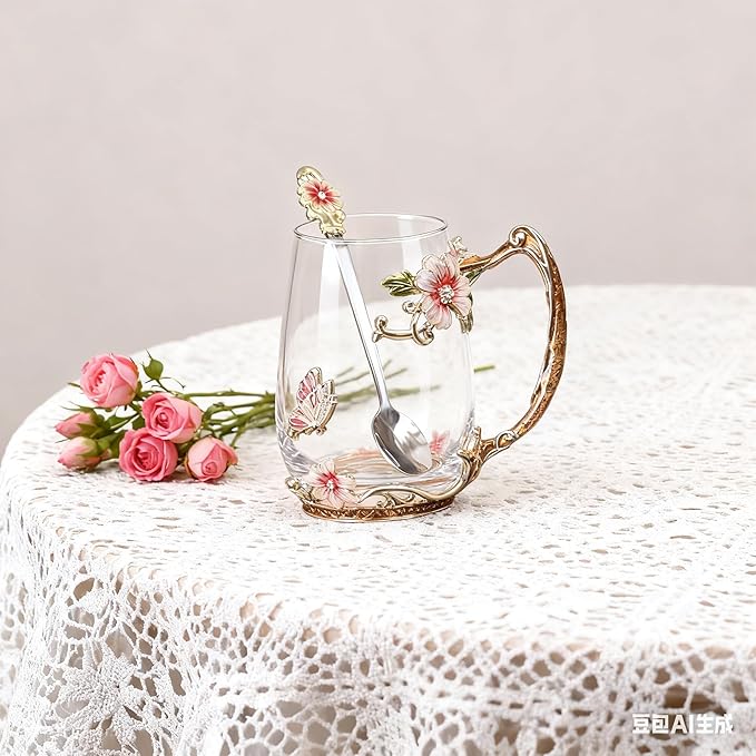 Handicraft Crystal Glass 3D Flower Cups Tea Mug With Tea Spoon Women Coffee, Tea, Juice, Beer, Milk Hot And Cold Drinks Use Gift Package. (Red-Tal)