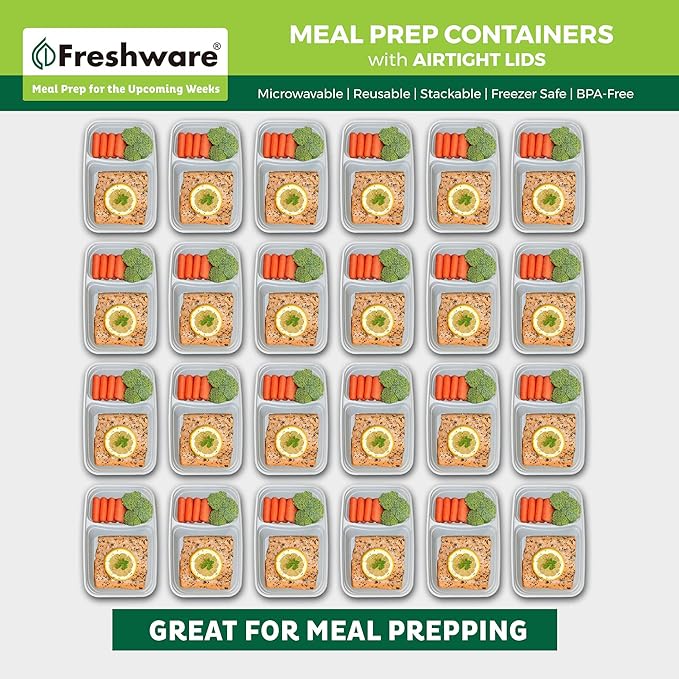 Freshware Meal Prep Containers [25 Pack] 2 Compartment with Lids, Food Storage Containers, Bento Box, BPA Free, Stackable, Microwave/Dishwasher/Freezer Safe (28 oz)