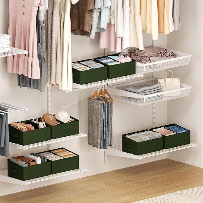 DIMJ Large Closet Shelf Organizer Bins 6 Packs with Handles and Divider, Fabric Trapezoid Storage Baskets, Foldable Clothes Containers Box for Shelf, Towel, Book, Toy, Purse, Hats, Green