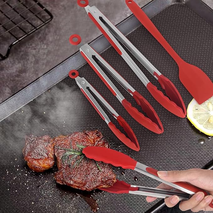 Kitchen Tongs for Cooking Locking Silicone Stainless Steel Buffet Serving Tongs, 7,9 and 12 Inch Silicone Spatula Non-stick,Heat Resistant 4 Pack
