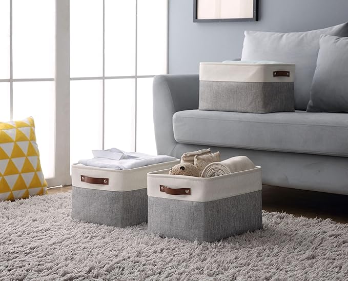 DECOMOMO Storage Baskets for Shelves - Fabric Storage Bins, Linen Closet Organizers and Storage (Grey & White, Large - 3 Pack)