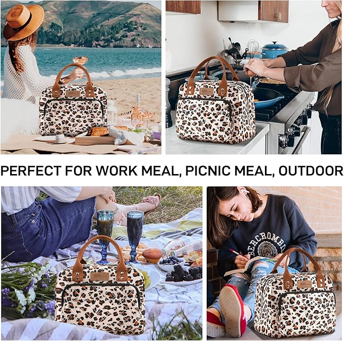 HOMESPON Lunch Bag for Woman Man Adults with Front Pocket Insulated Lunch Tote Lunch Box Container for Work Picnic or Travel(Leopard)