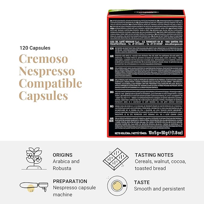 Caffe' Vergnano Medium Roast Espresso Original Line Machine Compatible Capsules - Arabica Robusta Espresso Coffee, Italian Coffee Espresso For Nespresso Coffee Machine, Intensity 6/10 - Cremoso,120 Ct