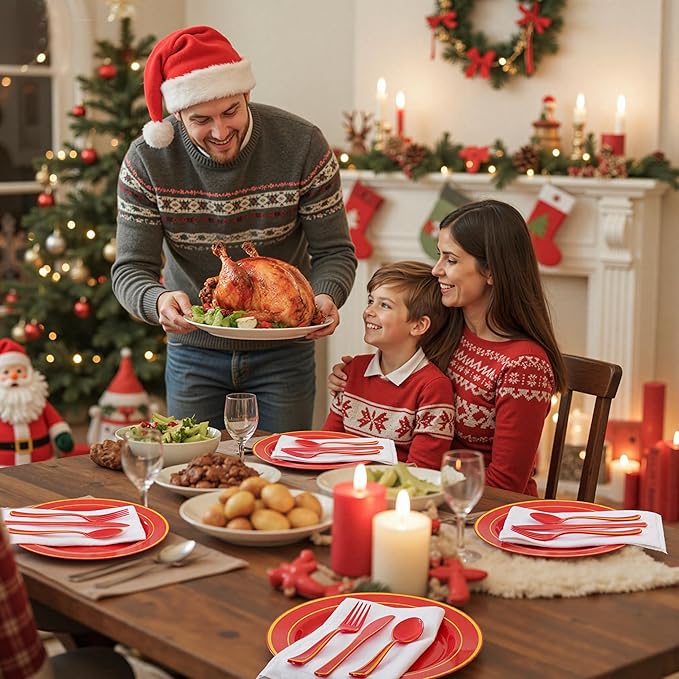 WDF 180 Pieces Red and Gold Plastic Silverware - Disposable Christmas Utensils Include 60 Forks, 60 Knives and 60 Spoons - Heavy Duty Red Plastic Cutlery - for Christmas/Party