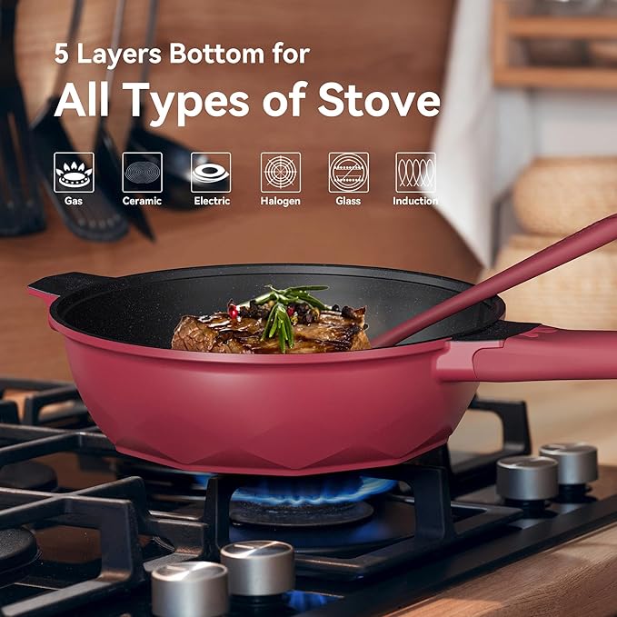 TIBORANG 8 in 1 Multipurpose 11 Inch 5 Quart Heat Indicator Nonstick Deep Frying Pan with Glass Lid,Stay-cool Handle,Steamed Grid,PFOA-Free,Dishwasher&Oven Safe,Works with All Stovetops(Ruby Red)