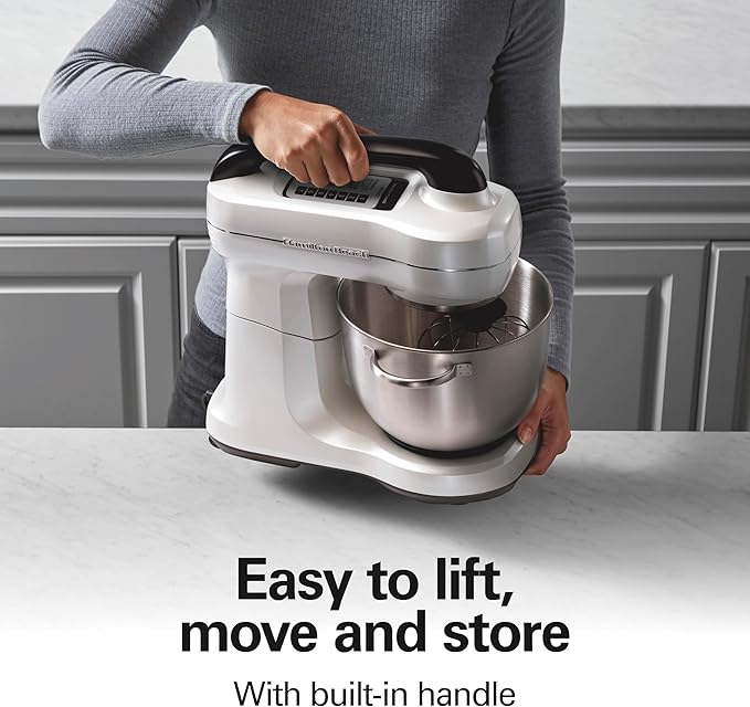 Hamilton Beach Electric Stand Mixer, 4 Quarts, Dough Hook, Flat Beater Attachments, Splash Guard, 7 Speeds with Whisk, Easy-Carry Top Handle, White