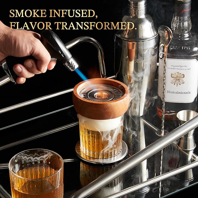 KITESSENSU Whiskey Smoker Kit with Torch – 6 Flavors Wood Chips – Old Fashioned Bourbon Cocktail Smoker Kit, Anniversary & Birthday Gifts for Men(NO Butane)