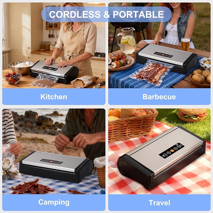 Vacuum Sealer Machine, 75kpa Rechargeable Full Automatic Food Sealer for Freshness Storage, Stainless Steel Portable Food Vacuum Sealers Machine with Pre-cut Bags, Air Hose for Outdoor Indoor