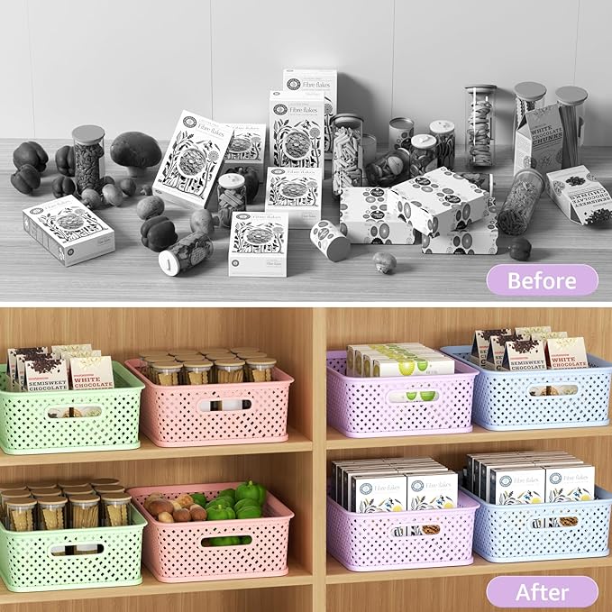 MaxGear Organization and Storage 3 Packs, Plastic Bins Organizer Bin, Woven Baskets for Storage, Plastic Baskets with Handles, Purple Basket for Organizing, Basket Organizer for Home and Office, Large