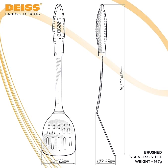 Deiss PRO Kitchen Grill Spatula Stainless Steel Heavy Duty Slotted Turner - 14.4" Metal Spatula for Cooking, Grilling Spatula, Easy Grip Handle, Slotted Design, Easy to Clean