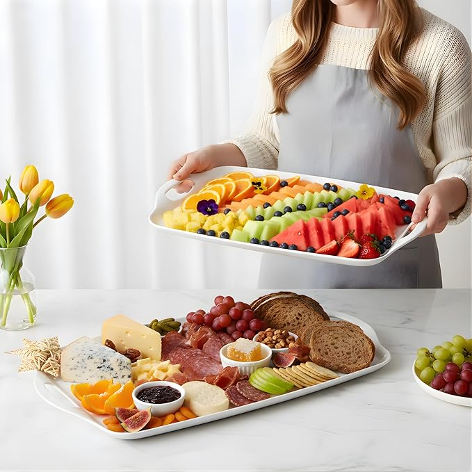 TP Serving Trays with Handles, 17 x 12 Inch Melamine Serving Platters for Food, Meat, Set of 2 Rectangular Trays for Eating, Pure White