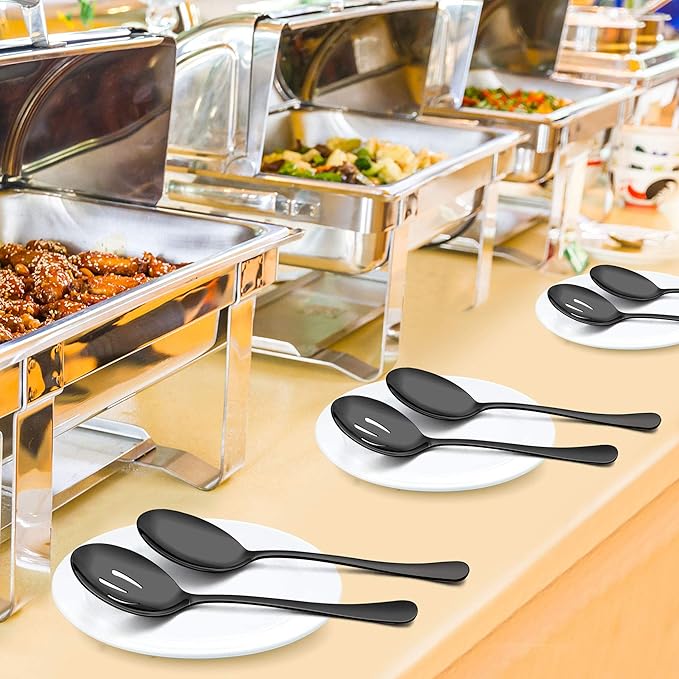 LIANYU 9-Piece Large Black Serving Utensils Set, 9.8 Inch Stainless Steel Buffet Serving Spoons Forks and Tongs Set, Ideal for Party Catering, Mirror Finished, Dishwasher Safe