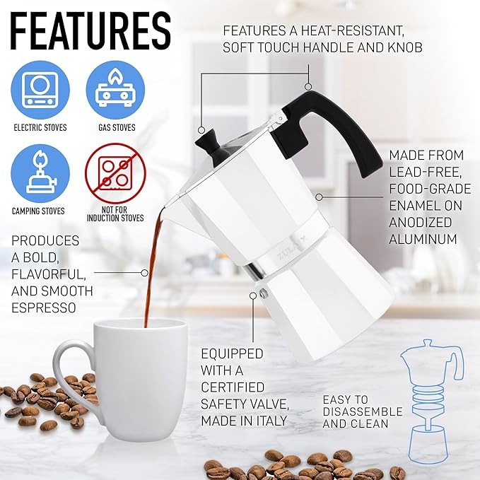 Zulay Moka Pot Espresso Stovetop Coffee Maker - Leak-Proof, Stainless Steel, Easy to Clean, Heat Resistant Handle & Knob - for Authentic Cuban & Italian Style Espresso - Makes 6 Espresso Cups - White