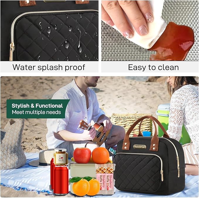 HOMESPON Lunch Bag for Woman Man Adults with Front Pocket Insulated Lunch Tote Lunch Box Container for Work Picnic or Travel(Black Golden)