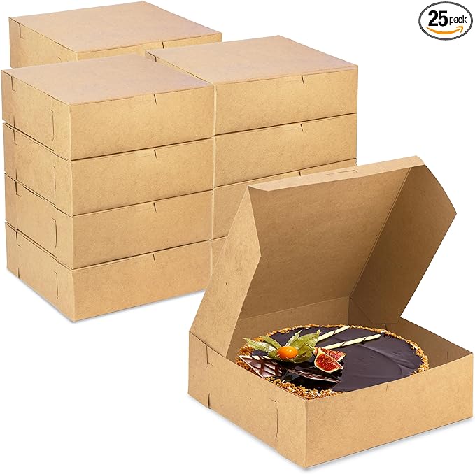 Fit Meal Prep 25 Pack Kraft Bakery Boxes, 9 x 9 x 3 Inches Brown Pastry Boxes, Cardboard Treat Boxes Pie Boxes Cookie Boxes Dessert Boxes for Cupcakes, Chocolates, Donuts, Macarons