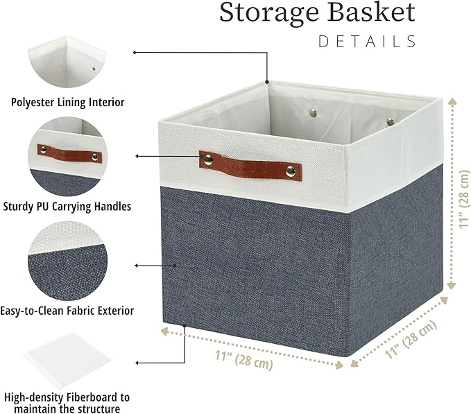 DECOMOMO Fabric Cube Storage Bins - Storage Baskets for Shelves, Cube Storage Organizer for Kallax and Cubbies (Slate Grey & White, 11 inch Cube) - 4 Pack