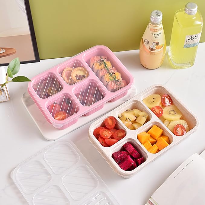 Finorder 4 Pack Wheat Straw Containers, Multicolor 5 Compartment Reusable Snack Bento Box, Rectangle Meal Prep Food Containers for Adults, Office and Travel