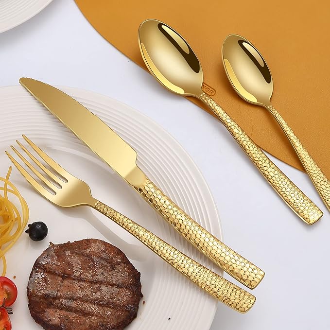 40-Piece Silverware Set, Gold Hammered Stainless Steel Flatware Sets for 8, Food-Grade Tableware Set, Including Fork Knife Spoon Set, Durable Home Kitchen Cutlery Sets, Dishwasher Safe, RX357
