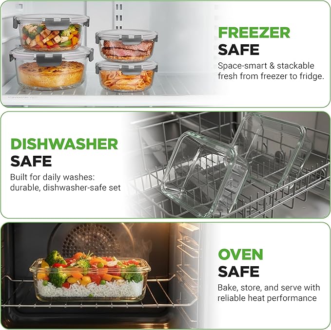 NutriChef 24pcs Glass Food Storage Containers, (12 Stackable Heavy Duty Meal Prep Containers w/ 12 Airtight Lids), Microwave, Freezer, & Dishwasher Safe for Food, Snacks, Fruit & More, (Gray)