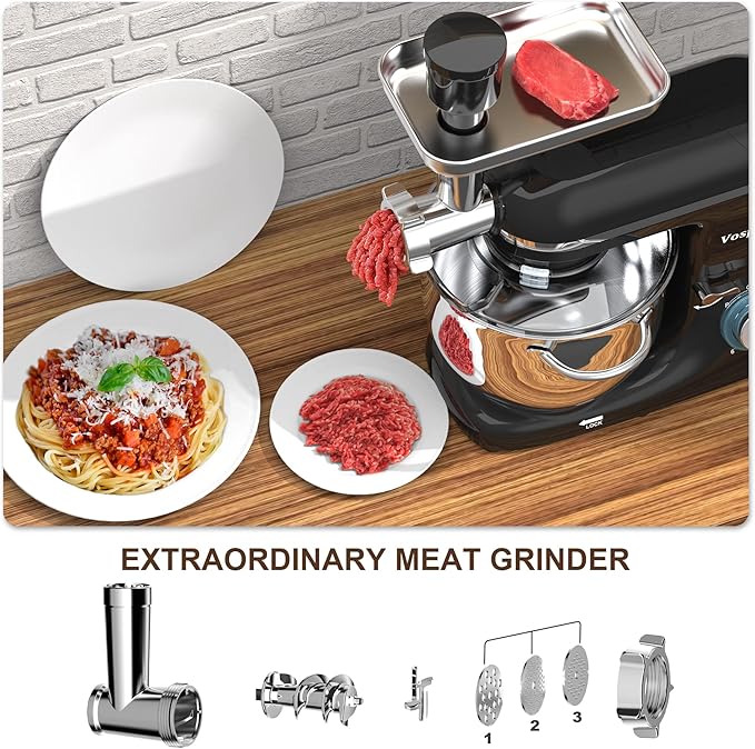 Vospeed 9 IN 1 Stand Mixer, 850W Tilt-Head Multifunctional Electric Mixer with 8 QT Stainless Steel Bowl, 1.5L Glass Jar, Meat Grinder, Hook, Whisk, Beater Dishwasher Safe (Black)
