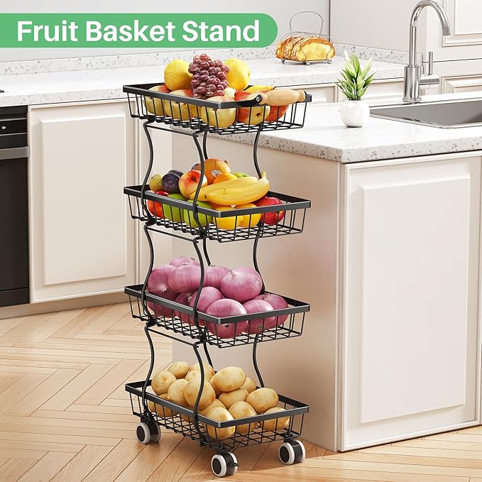 Fruit Basket Kitchen Pantry Organizers and Storage - 4 Tier Stackable Metal Wire Basket Stand for Fruit Vegetable Snacks Jars Bins Containers Organization, Black