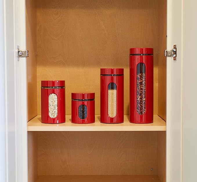 Quality Modern Red Stainless Steel Canister Set for Kitchen Counter with Glass Window & Airtight Lid - Food Storage Containers with Lids Airtight - Pantry Storage and Organization Set