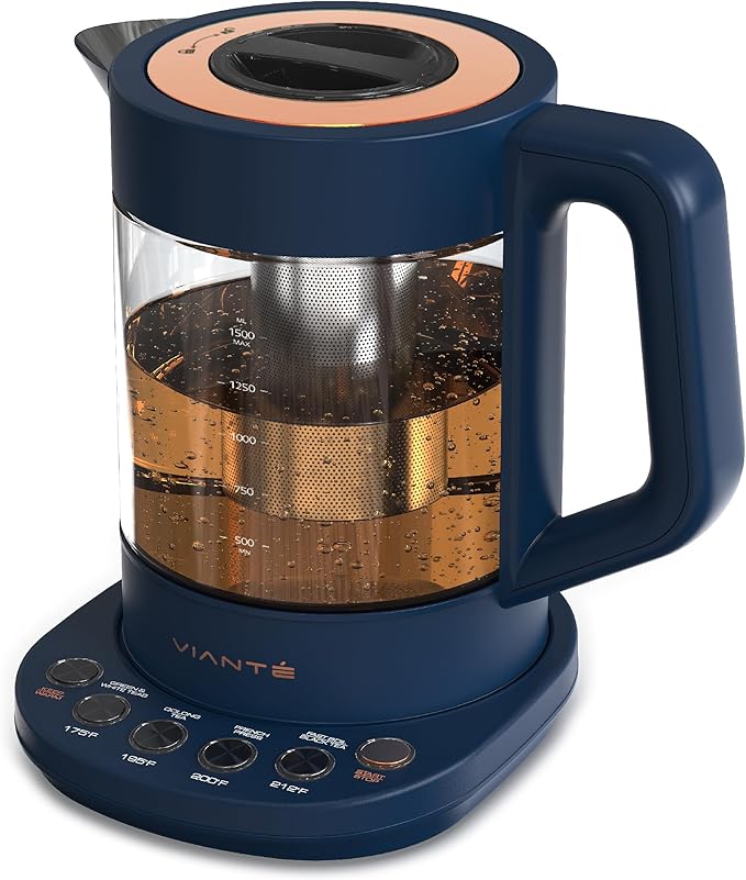 Vianté Electric Kettle With Infuser For Loose Leaf Tea. Hot Tea Maker With Temperature Control And Automatic Shut Off. Kettle With Brewing Programs. 1.5 Liters Capacity | Midnight Blue Color