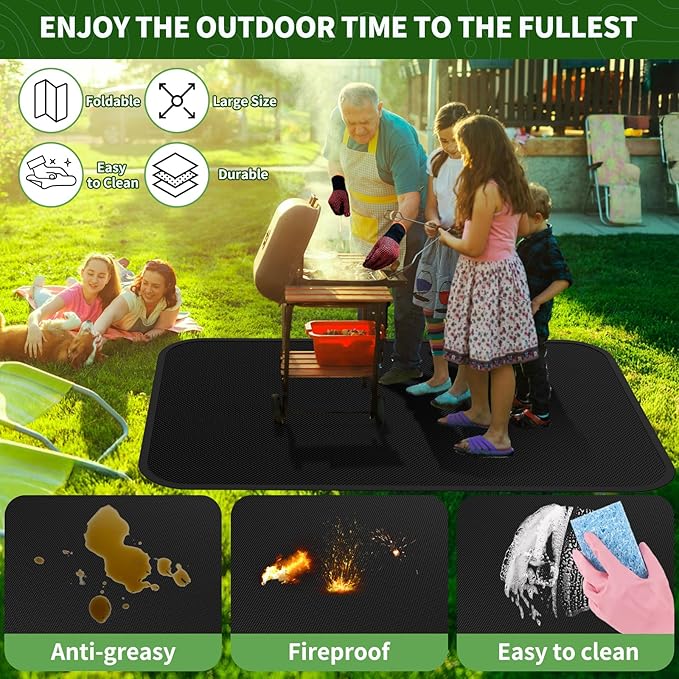 Large 60 x 40 inches Under Grill Mats for Outdoor Grill with BBQ Gloves, Double-Sided Fireproof Grill Pad Mat, Indoor Fireplace/Fire Pit Mat, Waterproof Oil-Proof Protector for Decks and Patios