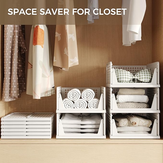 Pinkpum 6 Pack Closet Organizers Storage Box, Stackable Plastic Drawer Basket for Clothing, Stackable Storage Bins Shelf Storage Container for Closet Wardrobe Bedroom Bathroom Office White