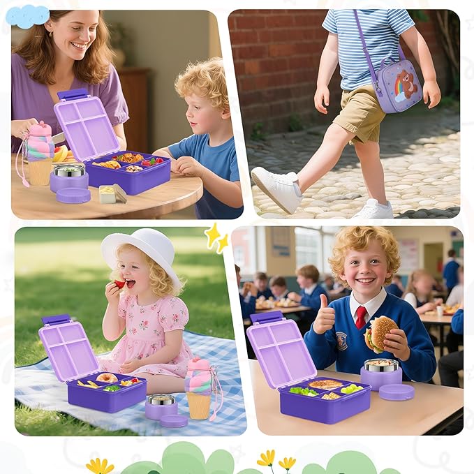 Lunch Box Kids with 5 Compartments, Insulated Food Jar & Utensil & Sauce Container & Lunch Bag & Silicone Collapsible Cup, Leak Proof Bento Box, BPA-Free & Dishwasher Safe-Soft Purple