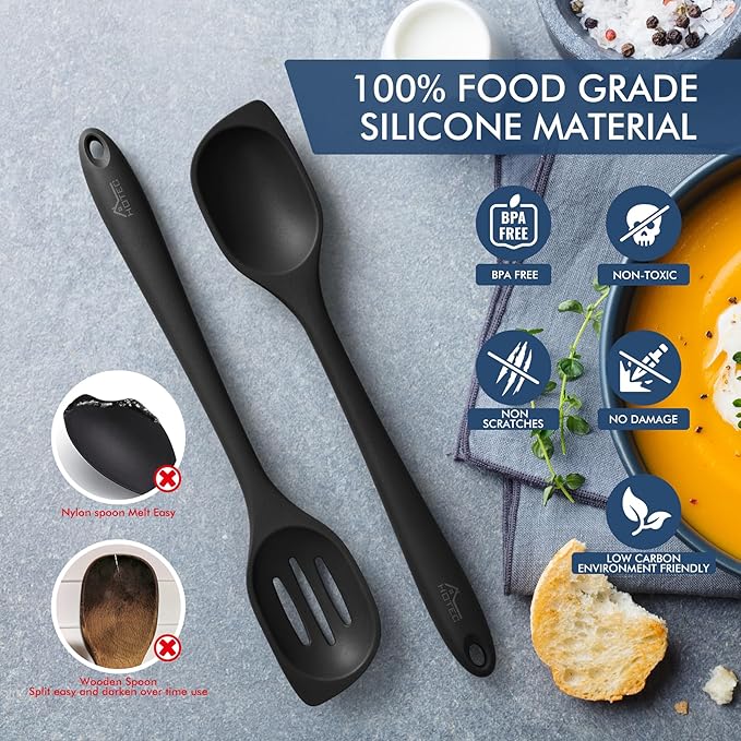 HOTEC Heat Resistant Silicone Cooking Spoon Spatula, Large Kitchen Solid and Slotted Spoons for Mixing, Serving, Scraping, Non-stick, Dishwasher Safe Black 12.5inch