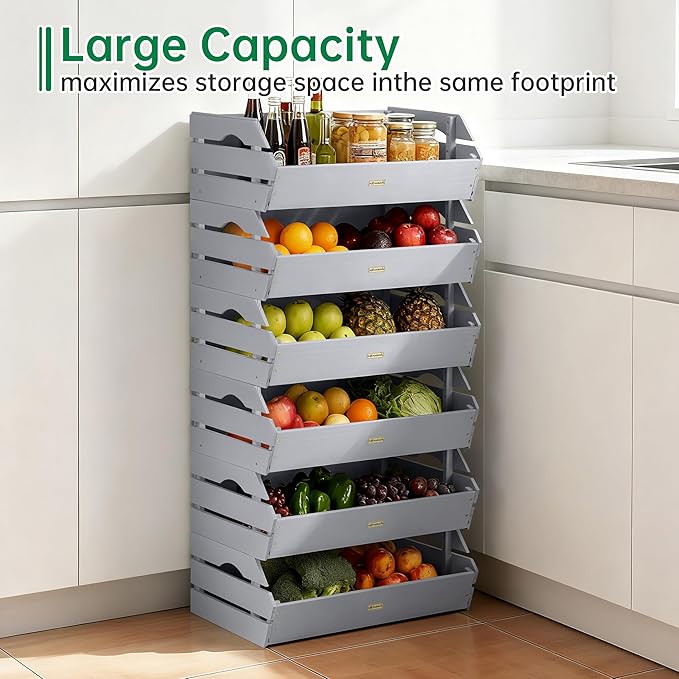 HABAU Wood Potato Onion Storage Bins - Wooden Stackable Produce Basket - Fruit Vegetable Storage for Kitchen Pantry Organization, Set 3 Pieces