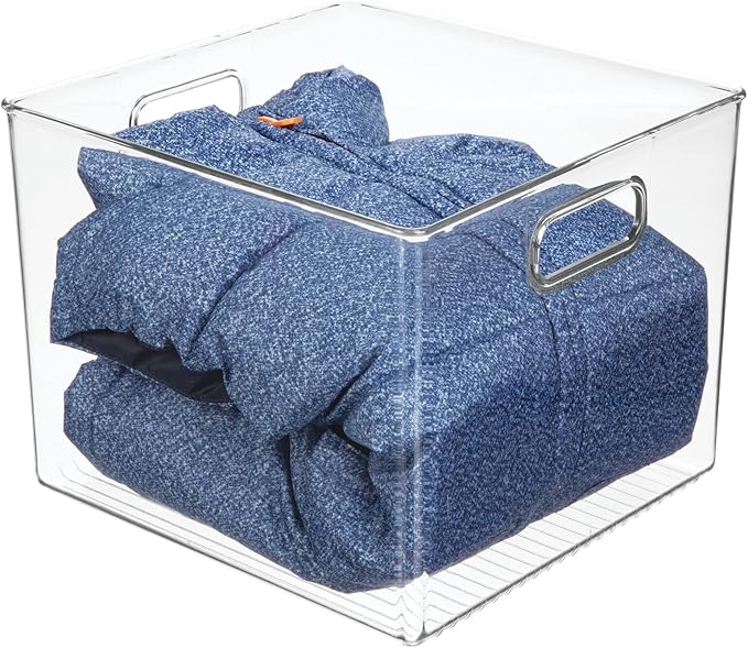 mDesign Small Modern Plastic Storage Organizer Bin Basket with Handles for Home Closet Organization - Shelf, Cubby, Cabinet, and Cupboard Organizing Decor - Ligne Collection - Clear