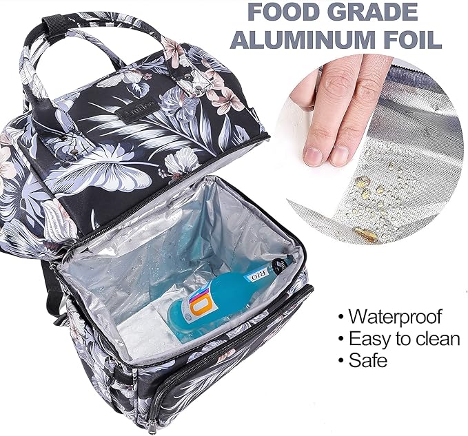 AmHoo Insulated Lunch Box Cooler Backpack Waterproof Leak-Proof Lunch Bag Tote for Men Women Hiking Beach Picnic Trip with Strongest YKK Zipper Black Flower Pattern