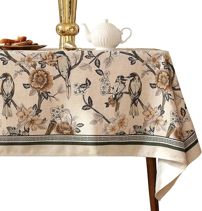 ISAENNE Designer Vintage Linen Extra Long Tablecloth Rectangle,Floral and Bird Pattern Elegant Table Cloth,Fall Wrinkle Resistant Decor Tablecloths for Dining Kitchen Christmas,67"*118"-Murad A