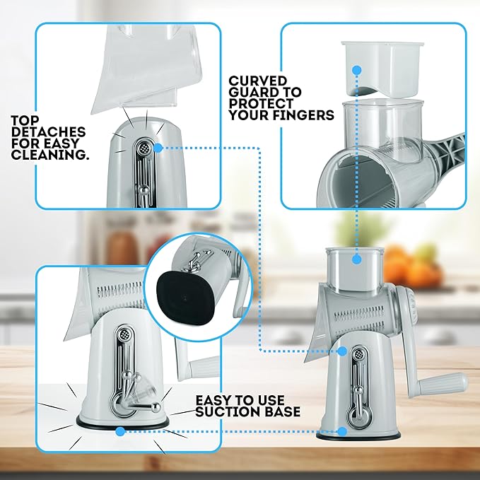 5 in 1 Rotary Cheese Grater with Handle – Stainless Steel Blades, Vegetable Slicer, Shredder, Carrot & Cabbage Grater, Nut Grinder, Easy to Clean Kitchen Gadget (Light Grey)