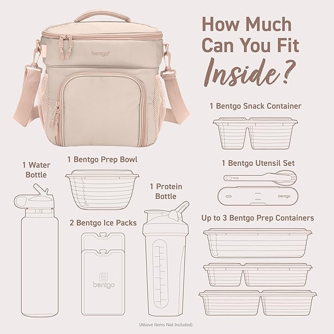 Bentgo Prep Deluxe Insulated Multimeal Bag - Lunch Box Bag, Holds 5 Meals, Premium Insulation up to 8 Hrs, Durable, Water-Resistant - Large Capacity For Adult Meal Prep (Sand)