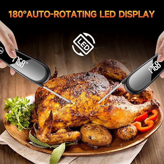 Digital Meat Thermometer 180° Rotate Temp Probe 1 Sec Instant Read Thermometer for Cooking IP67 LED Screen Waterproof Thermometer for Kitchen, BBQ, Fry, Grill, Candy