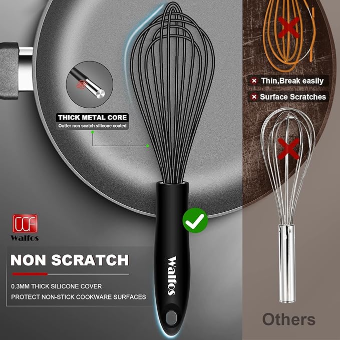 Walfos Silicone Whisk,Stainless Steel Wire Whisk Set of 3 -Heat Resistant 480°F Kitchen Whisks for Non-stick Cookware,Balloon Egg Beater Perfect for Blending,Whisking,Beating,Frothing & Stirring,Black