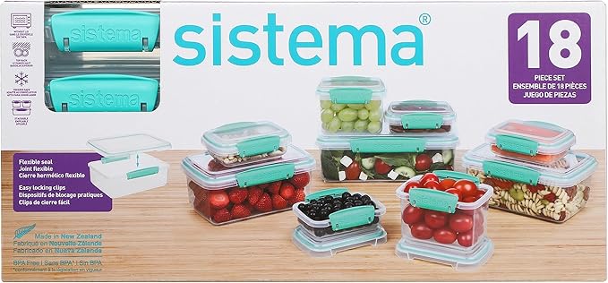 Sistema 18-Piece Food Storage Containers with Lids for Lunch, Meal Prep, and Leftovers, Dishwasher Safe, Clear/Blue