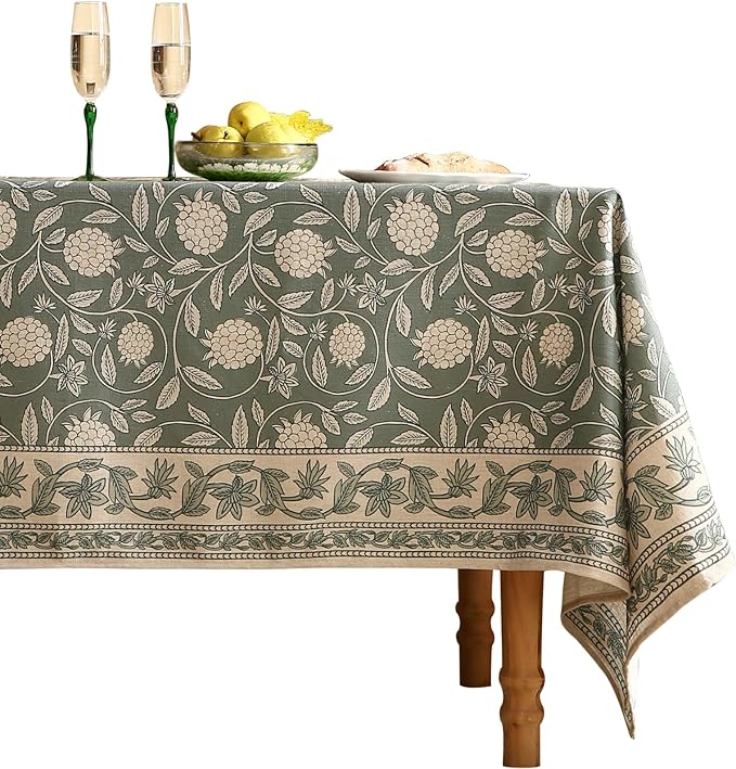ISAENNE Designer Grayish Green Linen Table Cloth Rectangular,Floral Elegant Stain Resistant Tablecloth,Fall Vintage Decor Tablecloths for Dining Thanksgiving Kitchen Party,55"*87"-Andrew A