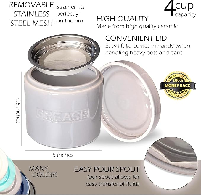 Bacon Grease Saver with Strainer - Ceramic Grease Container 1L Storage Canister | Holds Bacon Fat Drippings | Oil Keeper for Kitchen Counter Storage