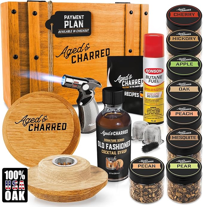 Whiskey Cocktail Smoker Kit with Torch, Old Fashioned Syrup & 8 Flavors Wood Chips - Premium USA Oak Smoker - Old Fashioned Smoker Kit - Bourbon Gifts for Men (with Butane)