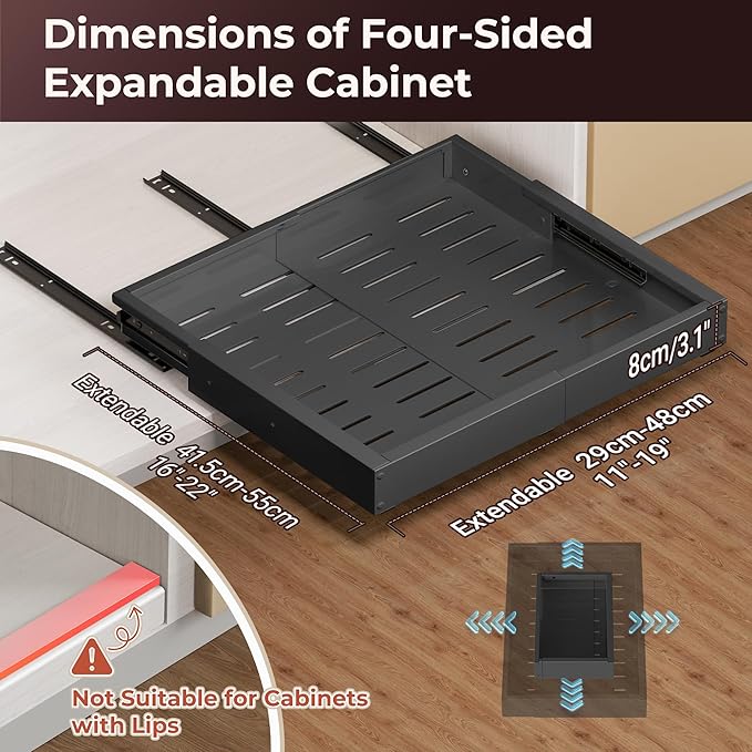 2 Pack Pull Out Cabinet Organizer, Drawers Slide Out Expandable Width (12"-19") and Depth (17"-23") With 3 Slides, Fixed with Adhesive Film and Nail for Cabinets in Kitchen, Pantry or Bathroom - Black