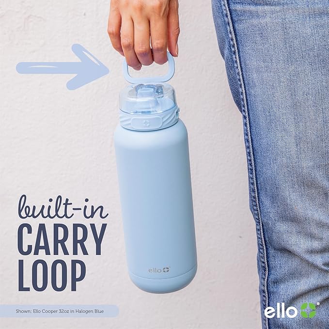 Ello Cooper 40oz Stainless Steel Water Bottle with Straw and Carry Handle, Double Walled and Vacuum Insulated Metal, Leak Proof Locking Lid with Soft Silicone Spout, Reusable, BPA Free, White