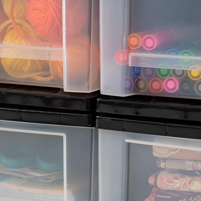 IRIS USA Plastic Stacking, Storage Organizer Unit with Sliding Drawer for Clothes Bedroom Kitchen Under Sink Pantry Craft Room Bathroom Dorm Office, 7 Qt. - 4 Pack, Black