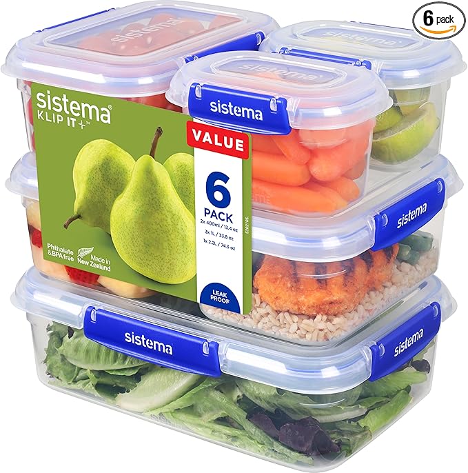 Sistema KLIP IT PLUS Leakproof Food Storage Containers 2.2 L, 1 L, 400 ml Airtight & Stackable Meal Prep Containers with Lids School Lunch Boxes & Snack Boxes 6 Count