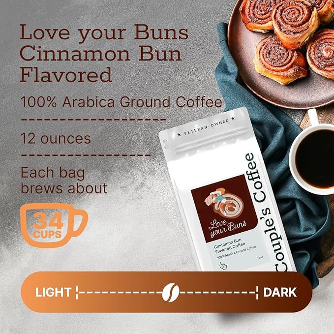 Couple’s Coffee Flavored Ground Coffee | Medium Roast Cinnamon Bun Flavored Coffee | Gives Back to Military Families | Love Your Buns | Made with 100% Arabica Beans | 12oz bag